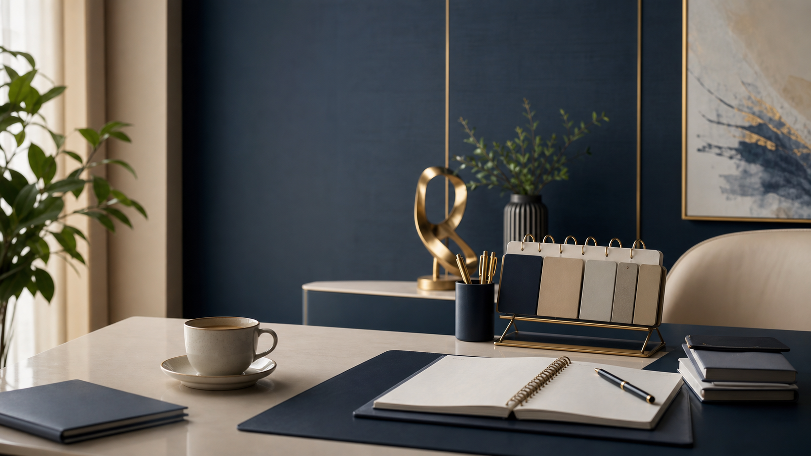 Escritório sofisticado com agenda, caderno e tons de azul e dourado representando planejamento, controle e ansiedade