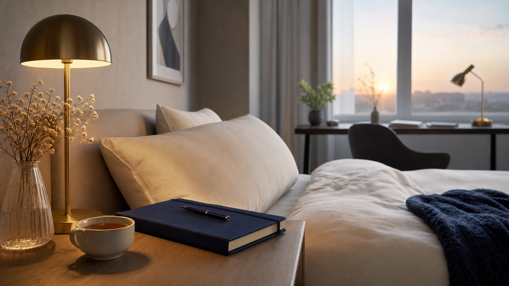 Quarto elegante ao amanhecer com caderno azul e luz dourada representando sono não reparador e saúde mental