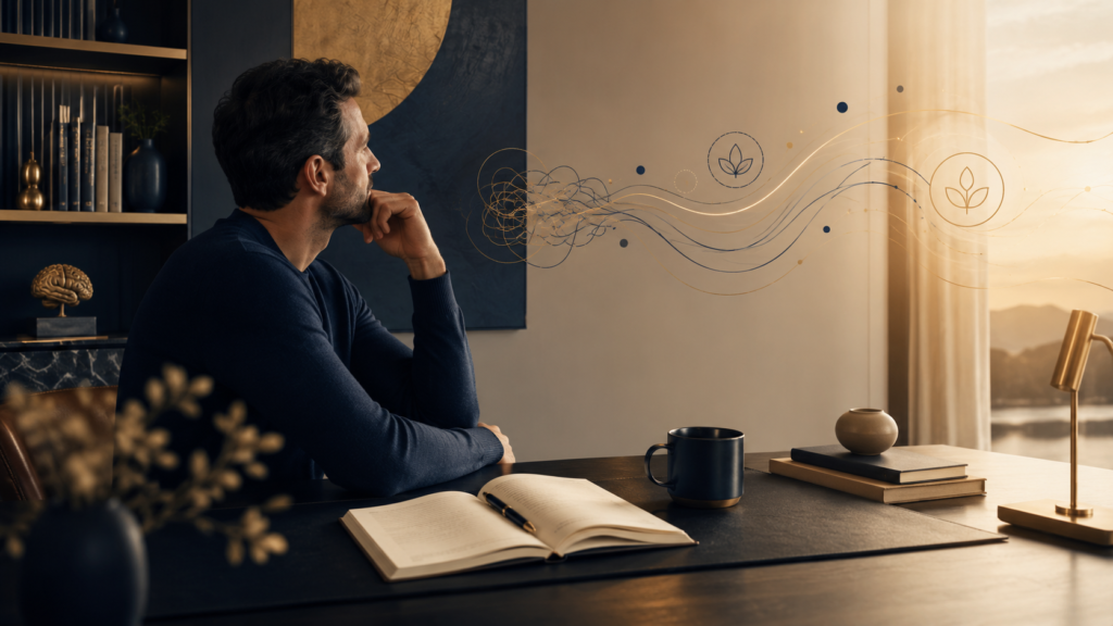 Ambiente moderno de trabalho com elementos visuais que representam ruminação, ansiedade e clareza mental