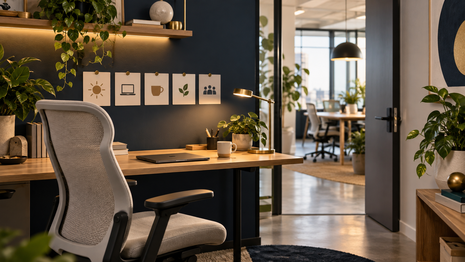 Espaço de trabalho silencioso com iluminação ajustável, mesa organizada e área colaborativa ao fundo.