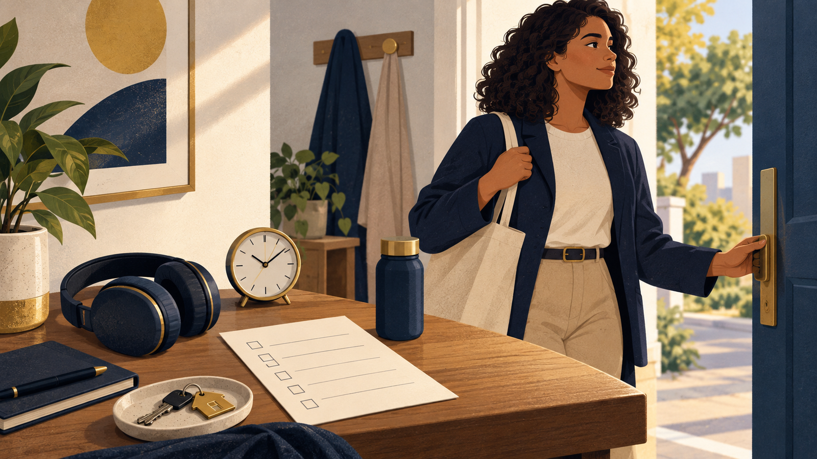 Pessoa adulta organiza sua saída de casa com lista de tarefas e fones de ouvido, em ambiente nas cores azul-marinho, dourado e off-white.