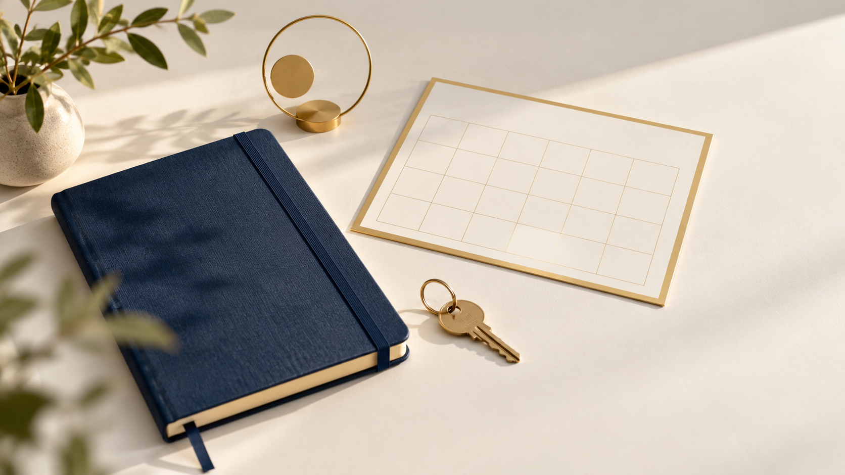 Caderno azul-marinho, calendário em branco e chave dourada sobre mesa clara, simbolizando estratégias de organização para adultos com TDAH