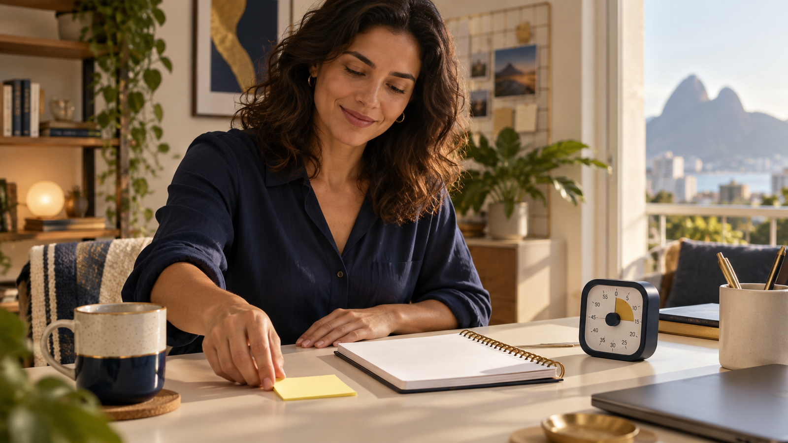 Adulta organiza uma tarefa inicial em mesa clara com caderno, lembrete visual e temporizador.