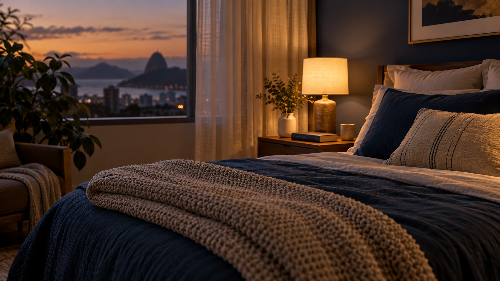 Quarto tranquilo ao entardecer, com luz suave, livro fechado e roupa de cama em tons azul-marinho e off-white.