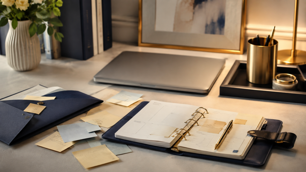 Mesa de trabalho elegante com planner, notebook azul e anotações discretas representando alta performance e compensação no TDAH adulto