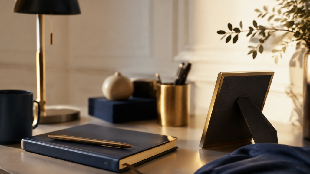 Mesa elegante com porta-retrato discreto, caderno azul e luz dourada representando Dia dos Pais e saúde mental masculina