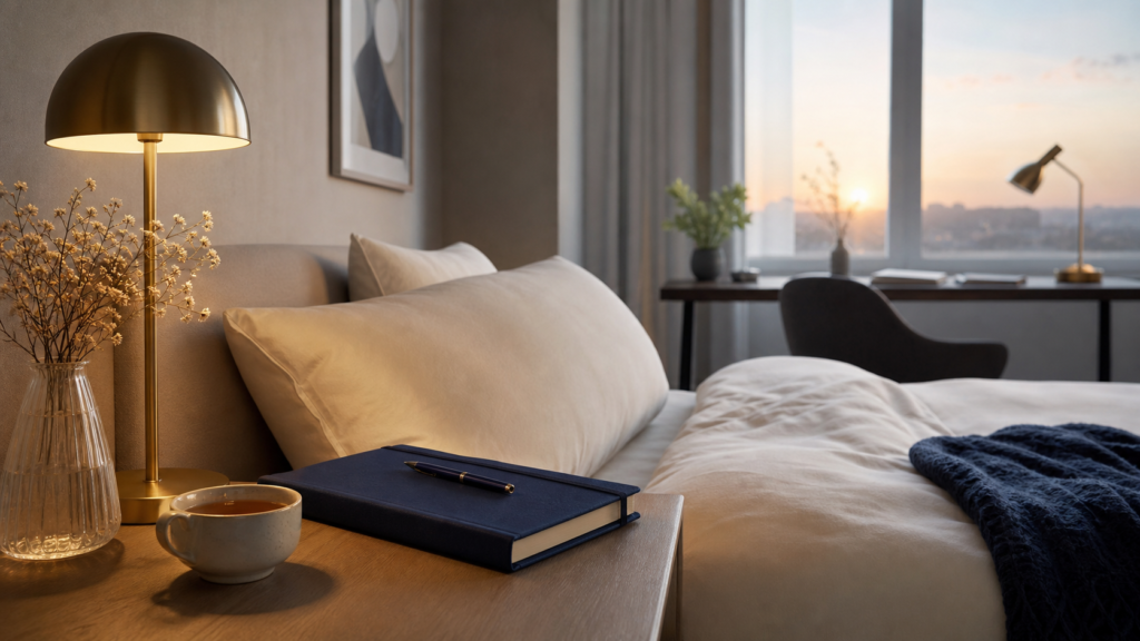 Quarto elegante ao amanhecer com caderno azul e luz dourada representando sono não reparador e saúde mental