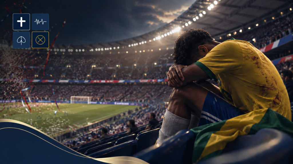 Torcedor brasileiro abatido em estádio após derrota, representando frustração coletiva e saúde mental.